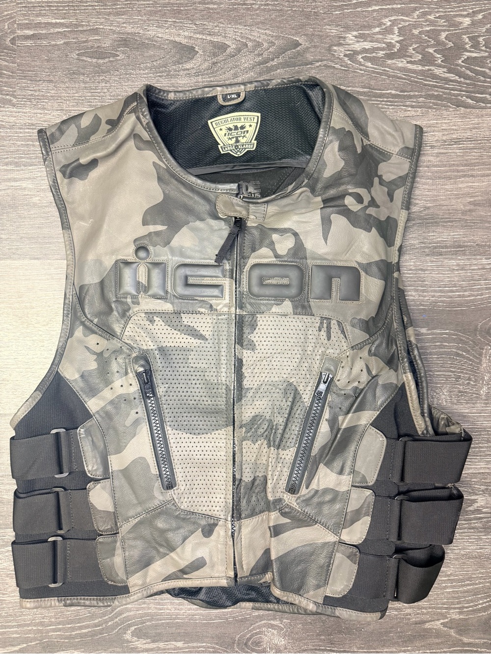 ICON Regulator Gray Camo Armored Leather Motorcycle Vest L–XL